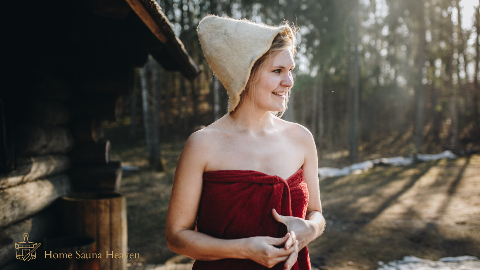 woman wearing a sauna hat