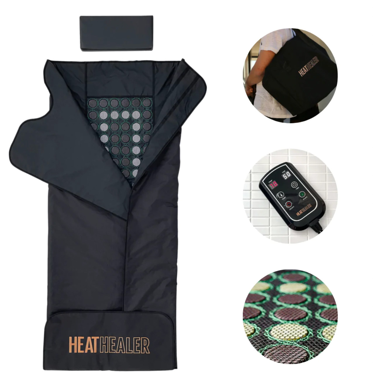 image collage of the heat healer sauna blanket