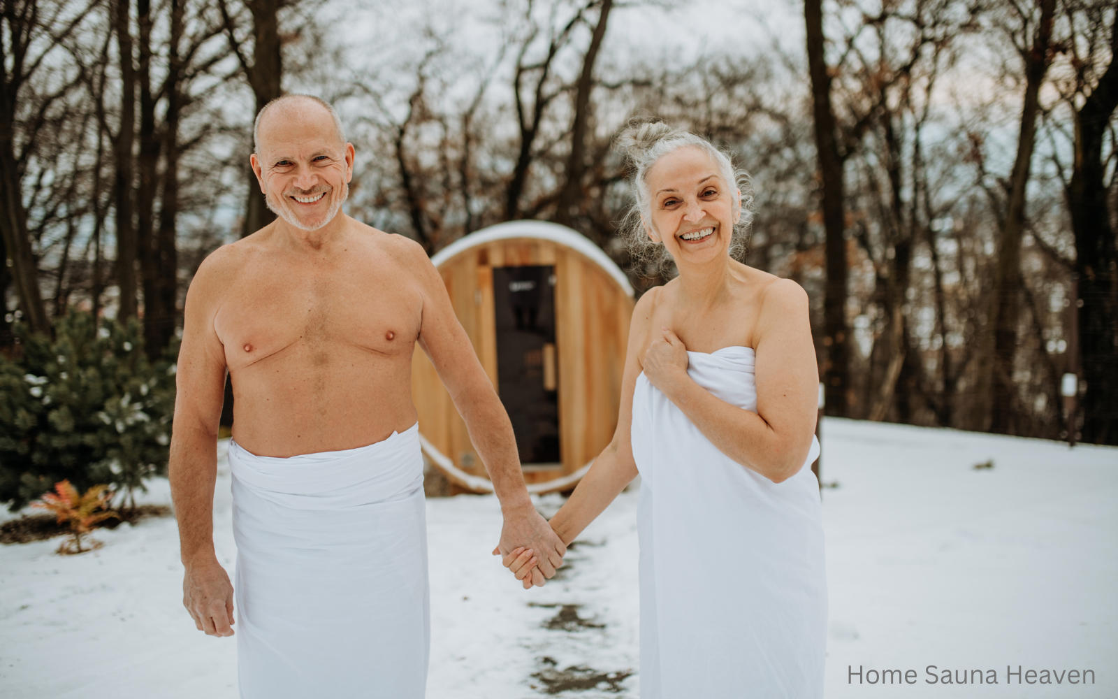 man and woman standing outside an outdoor sauna