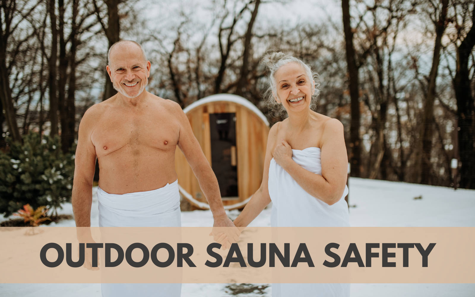 couple standing outside an outdoor sauna
