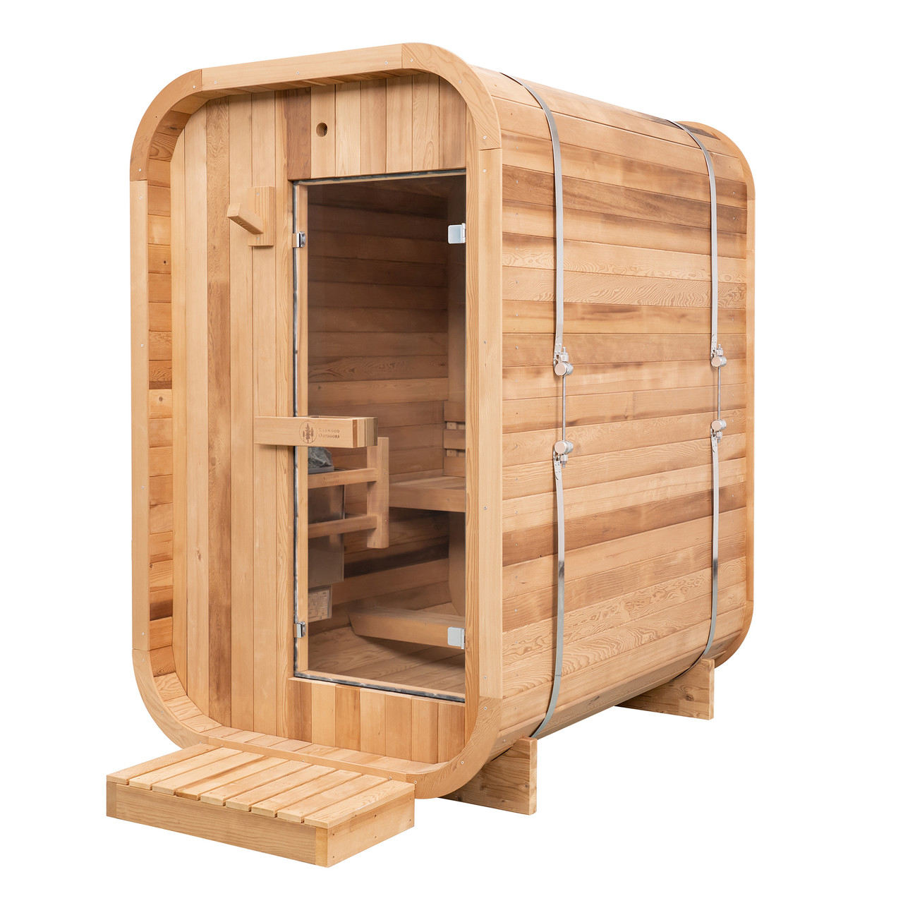 redwood thermowood mini cube outdoor sauna redwood thermowood mini cube outdoor sauna - front view- front view
