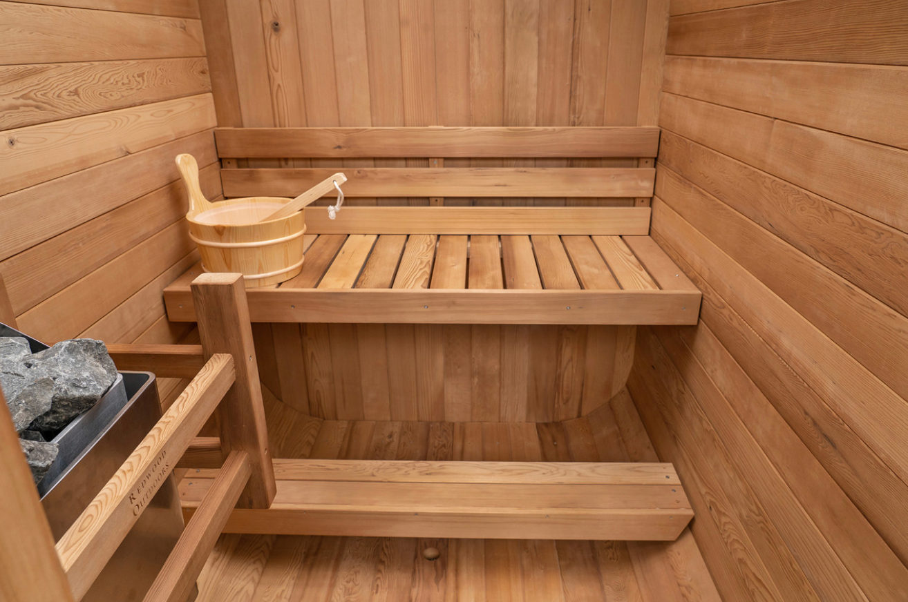 redwood thermowood mini cube outdoor sauna - inside